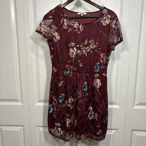 Speechless Lace Dress Womens L Burgundy Floral Romantic Cottagecore Party